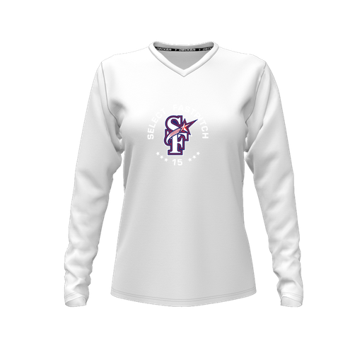 [CUS-DFW-TEES-CMF-VNK-LSL-WHT-FYXS-LOGO2] Decker Comfort T-Shirt (Female Youth XS, White, V Neck, Logo 2, Long Sleeve)