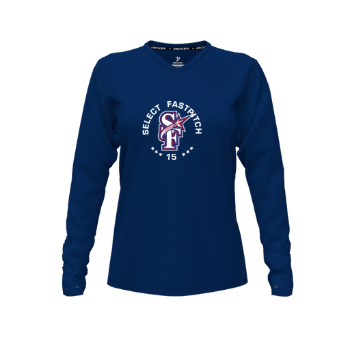 [CUS-DFW-TEES-CMF-VNK-LSL-NVY-FYXS-LOGO2] Decker Comfort T-Shirt (Female Youth XS, Navy, V Neck, Logo 2, Long Sleeve)
