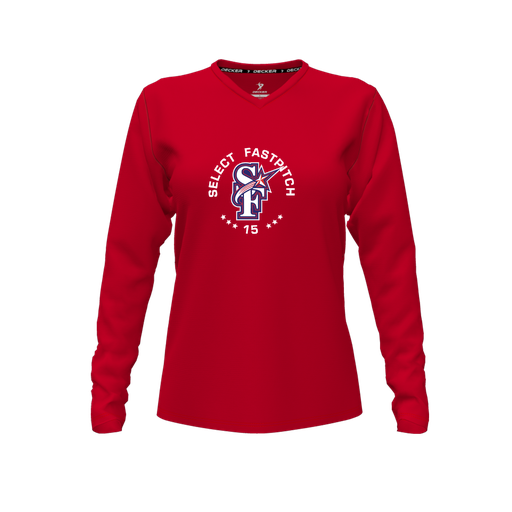 [CUS-DFW-TEES-PER-VNK-LSL-RED-FYXS-LOGO2] Decker Performance T-Shirt (Female Youth XS, Red, V Neck, Logo 2, Long Sleeve)