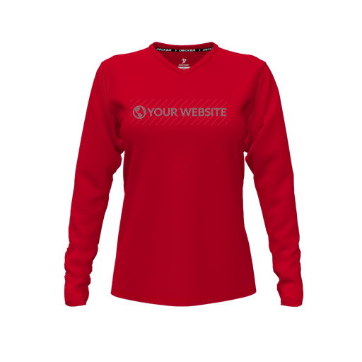 [CUS-DFW-TEES-PER-VNK-LSL-RED-FYXS-LOGO3] Decker Performance T-Shirt (Female Youth XS, Red, V Neck, Logo 3, Long Sleeve)