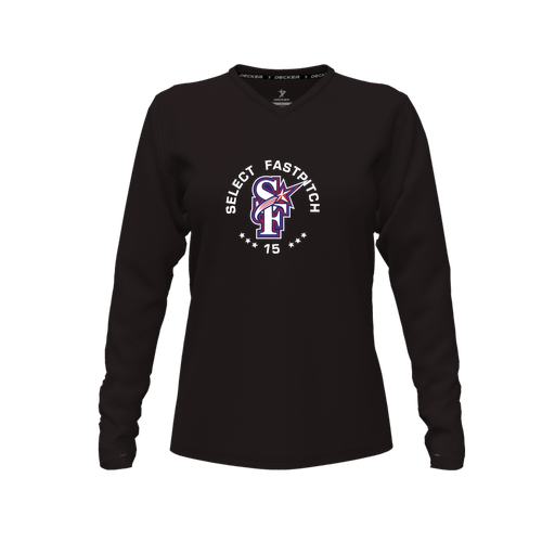 [CUS-DFW-TEES-CMF-VNK-LSL-BLK-FYXS-LOGO2] Decker Comfort T-Shirt (Female Youth XS, Black, V Neck, Logo 2, Long Sleeve)