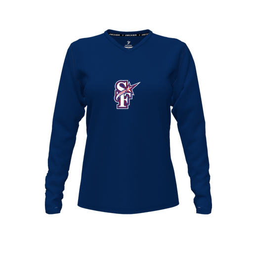 [CUS-DFW-TEES-CMF-VNK-LSL-NVY-FYXS-LOGO1] Decker Comfort T-Shirt (Female Youth XS, Navy, V Neck, Logo 1, Long Sleeve)