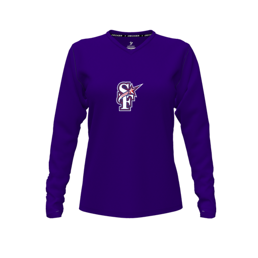 [CUS-DFW-TEES-CMF-VNK-LSL-PUR-FYXS-LOGO1] Decker Comfort T-Shirt (Female Youth XS, Purple, V Neck, Logo 1, Long Sleeve)