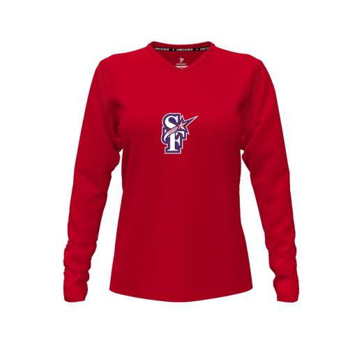 [FTLVPTRD-FYXS-LOGO1] Decker Performance T-Shirt (Female Youth XS, Red, V Neck, Logo 1, Long Sleeve)