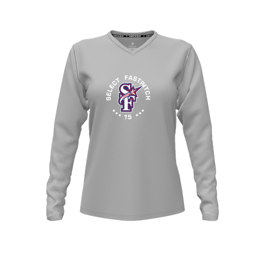 [CUS-DFW-TEES-PER-VNK-LSL-GRY-FYXS-LOGO2] Decker Performance T-Shirt (Female Youth XS, Gray, V Neck, Logo 2, Long Sleeve)