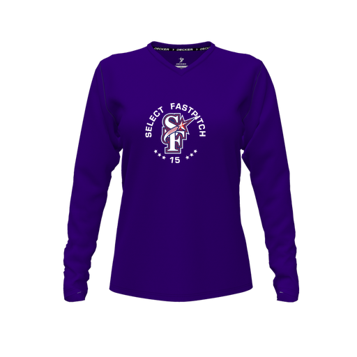 [CUS-DFW-TEES-PER-VNK-LSL-PUR-FYXS-LOGO2] Decker Performance T-Shirt (Female Youth XS, Purple, V Neck, Logo 2, Long Sleeve)